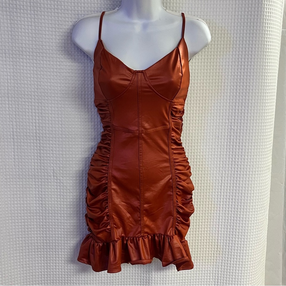 SHEIN ladies ruffle hem rust brown mini bodycon dress size medium